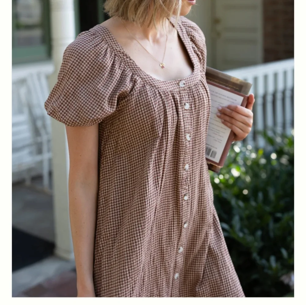 Gingham Knee Length Button Down Fall Dress - Picture 2 of 3